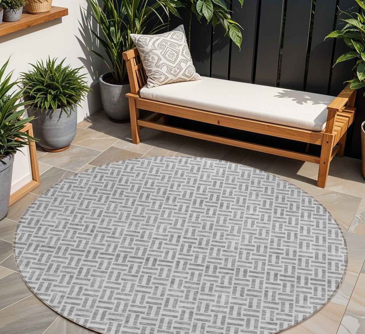 8' Gray And Silver Round Geometric Washable Indoor Outdoor Area Rug