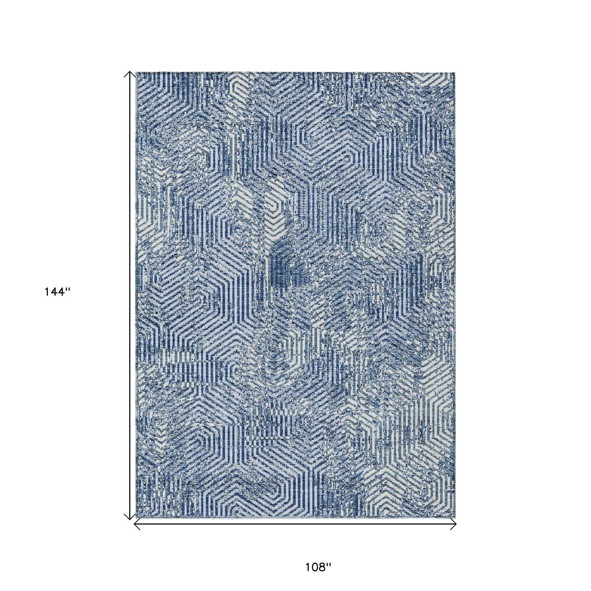 9' X 12' Navy Blue And Ivory Geometric Washable Indoor Outdoor Area Rug