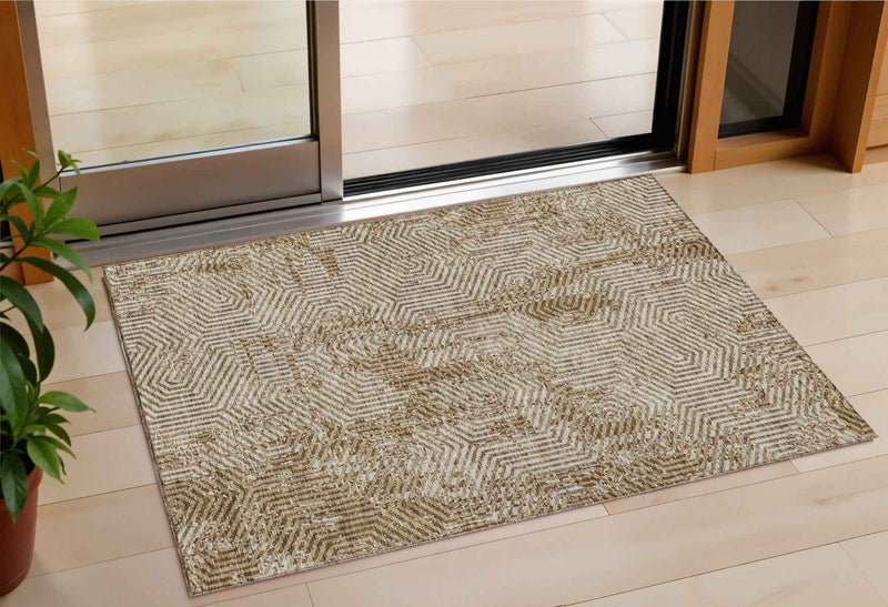 3' X 5' Brown And Beige Geometric Washable Indoor Outdoor Area Rug