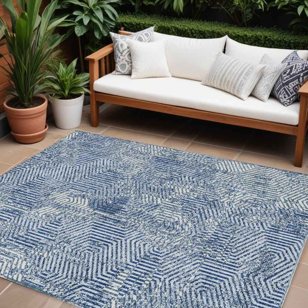 9' X 12' Navy Blue And Ivory Geometric Washable Indoor Outdoor Area Rug