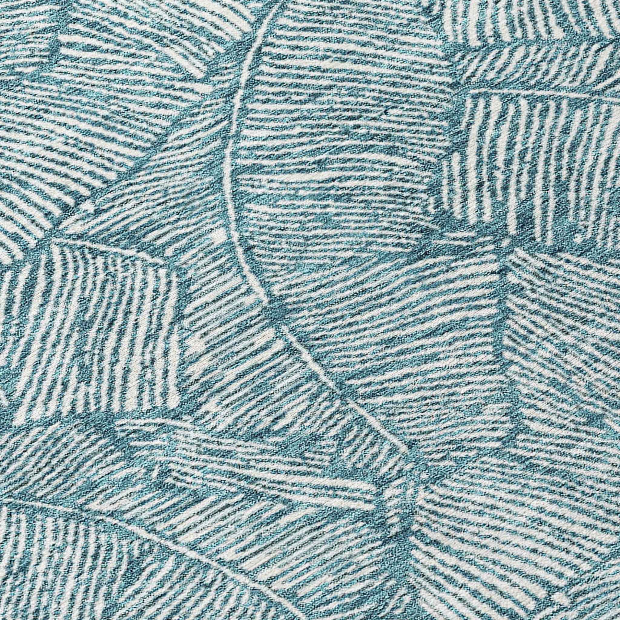 8' Teal Blue And Ivory Round Floral Washable Indoor Outdoor Area Rug