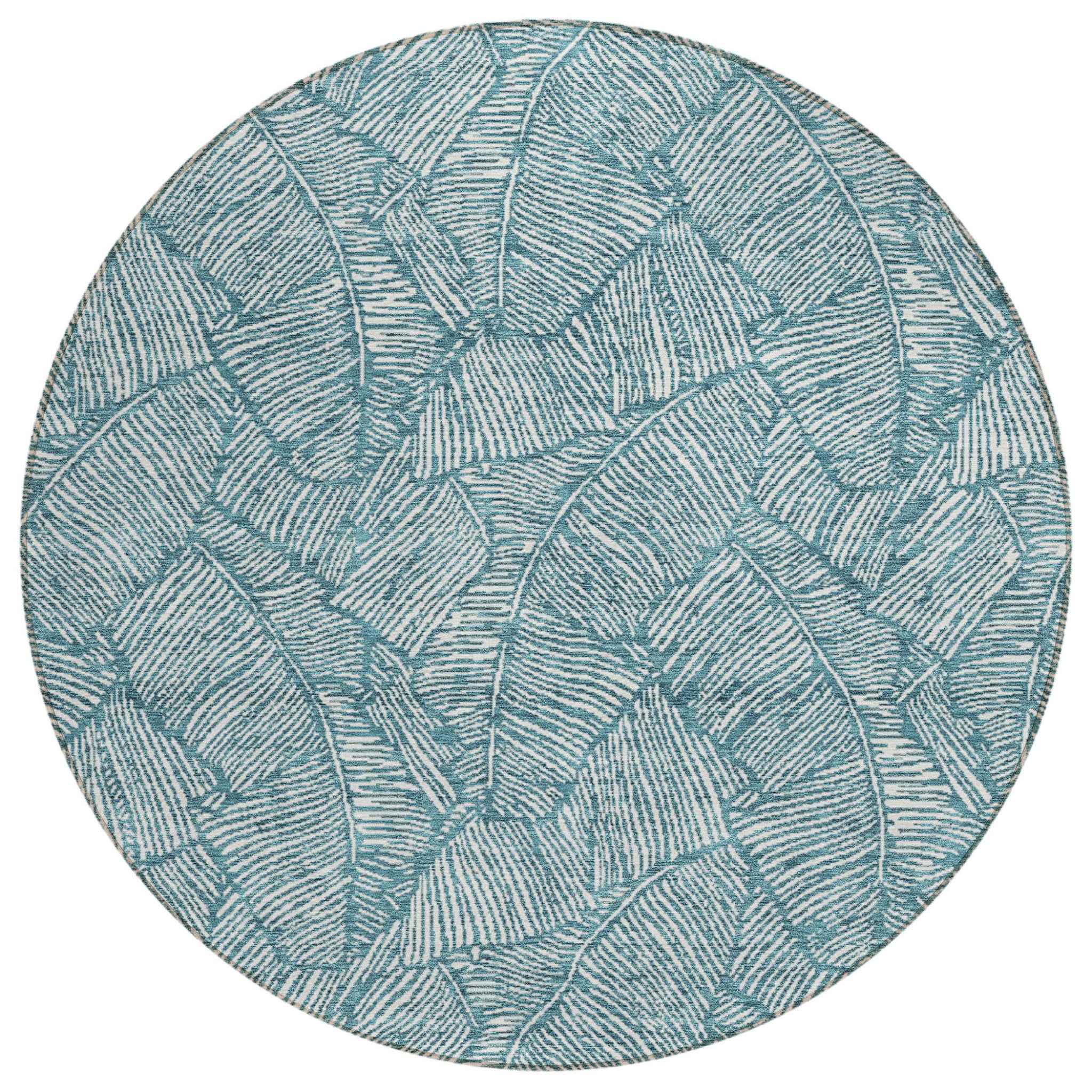 8' Teal Blue And Ivory Round Floral Washable Indoor Outdoor Area Rug