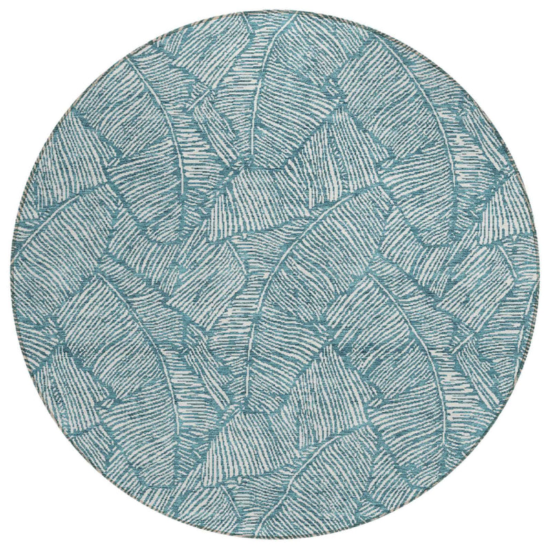 8' Teal Blue And Ivory Round Floral Washable Indoor Outdoor Area Rug