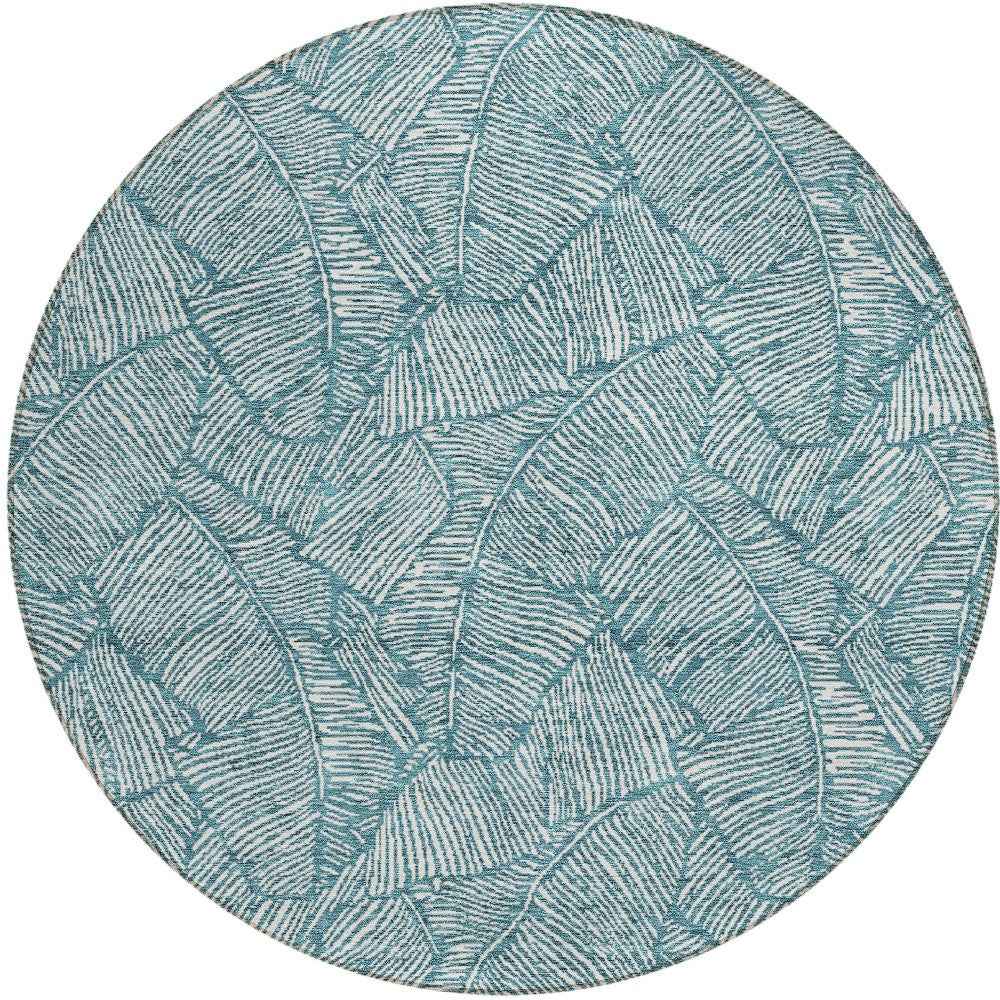 8' Teal Blue And Ivory Round Floral Washable Indoor Outdoor Area Rug