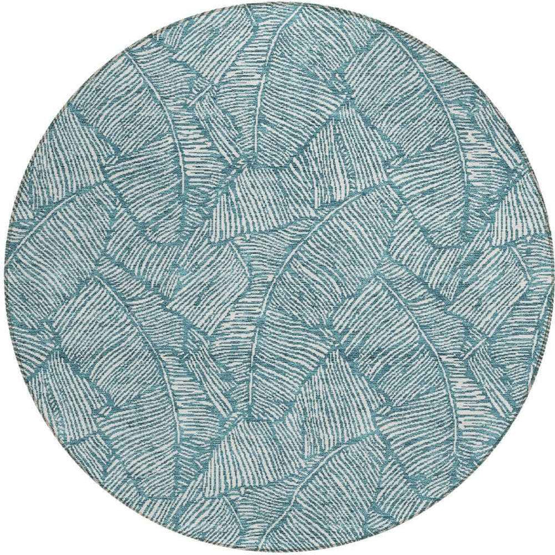 8' Teal Blue And Ivory Round Floral Washable Indoor Outdoor Area Rug