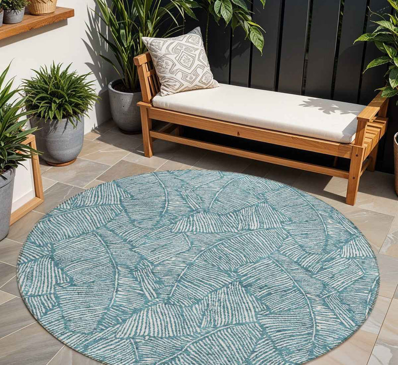 8' Teal Blue And Ivory Round Floral Washable Indoor Outdoor Area Rug