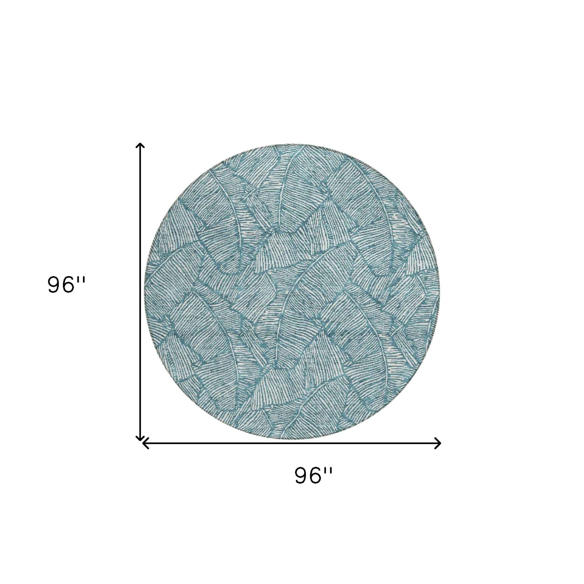 8' Teal Blue And Ivory Round Floral Washable Indoor Outdoor Area Rug