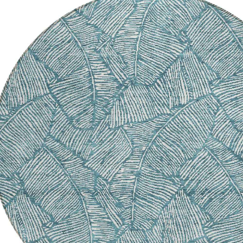 8' Teal Blue And Ivory Round Floral Washable Indoor Outdoor Area Rug