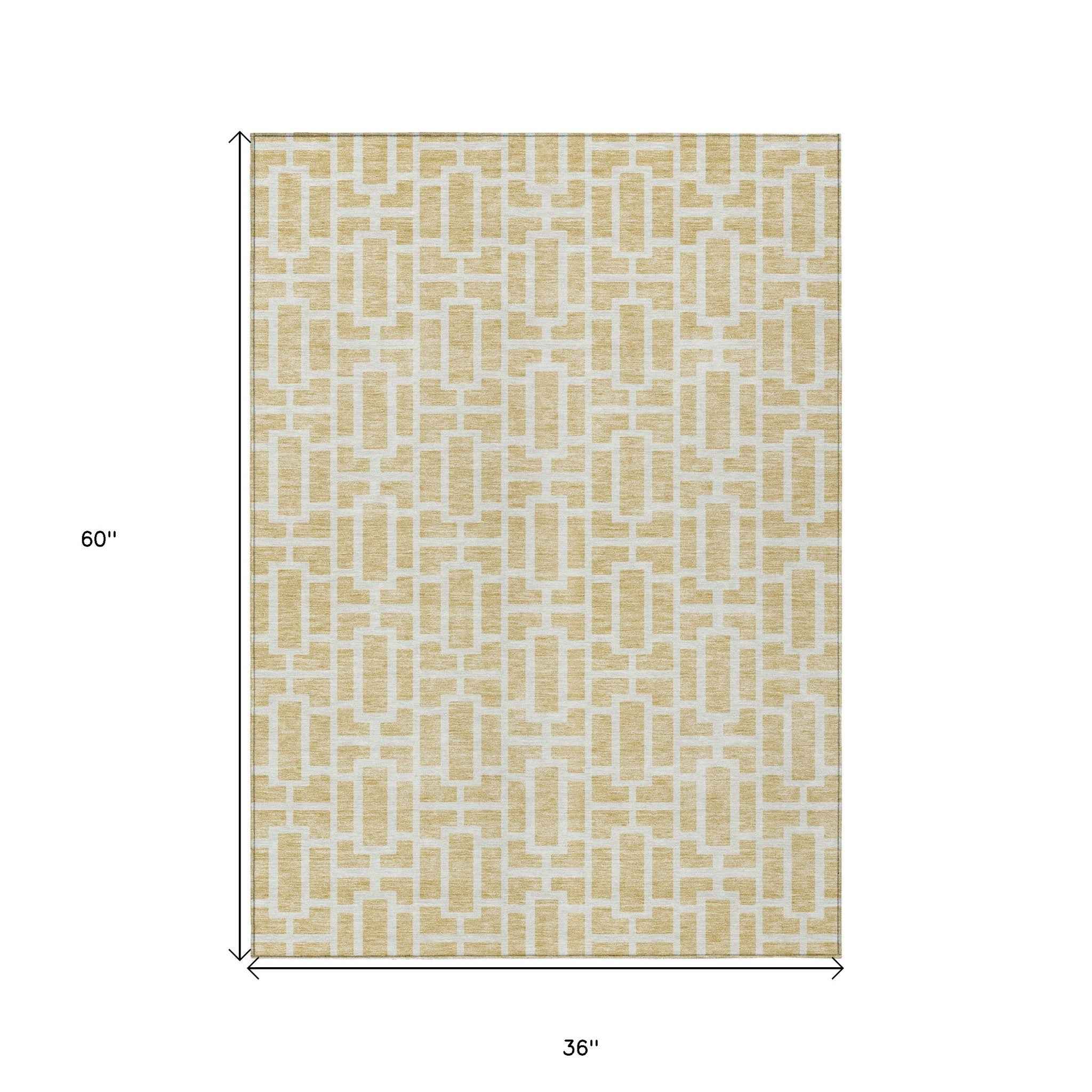 3' X 5' Wheat And Ivory Geometric Washable Indoor Outdoor Area Rug