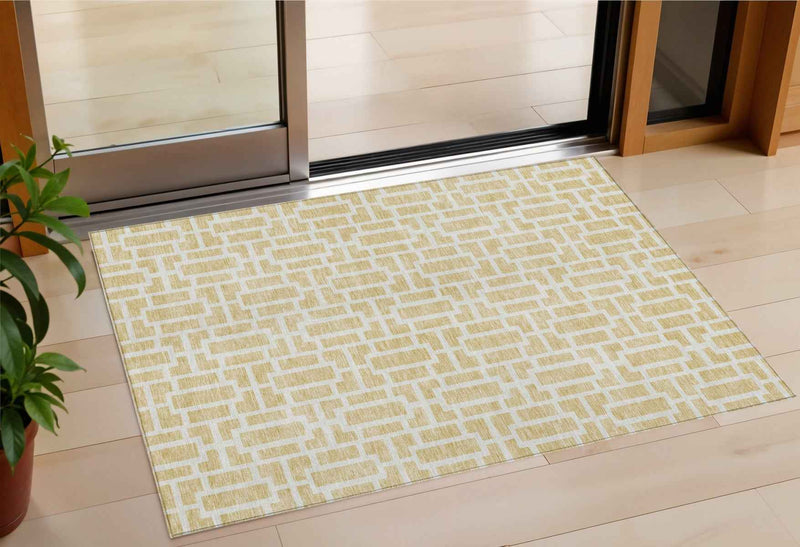 3' X 5' Wheat And Ivory Geometric Washable Indoor Outdoor Area Rug