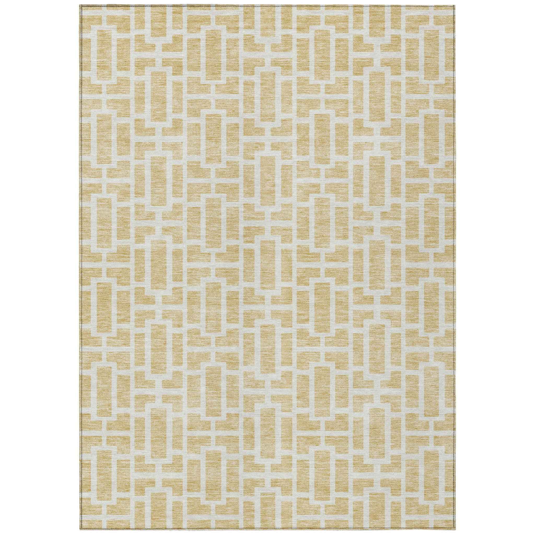 3' X 5' Wheat And Ivory Geometric Washable Indoor Outdoor Area Rug
