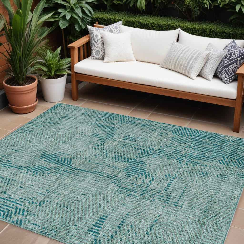 10' X 14' Teal Blue And Gray Geometric Washable Indoor Outdoor Area Rug