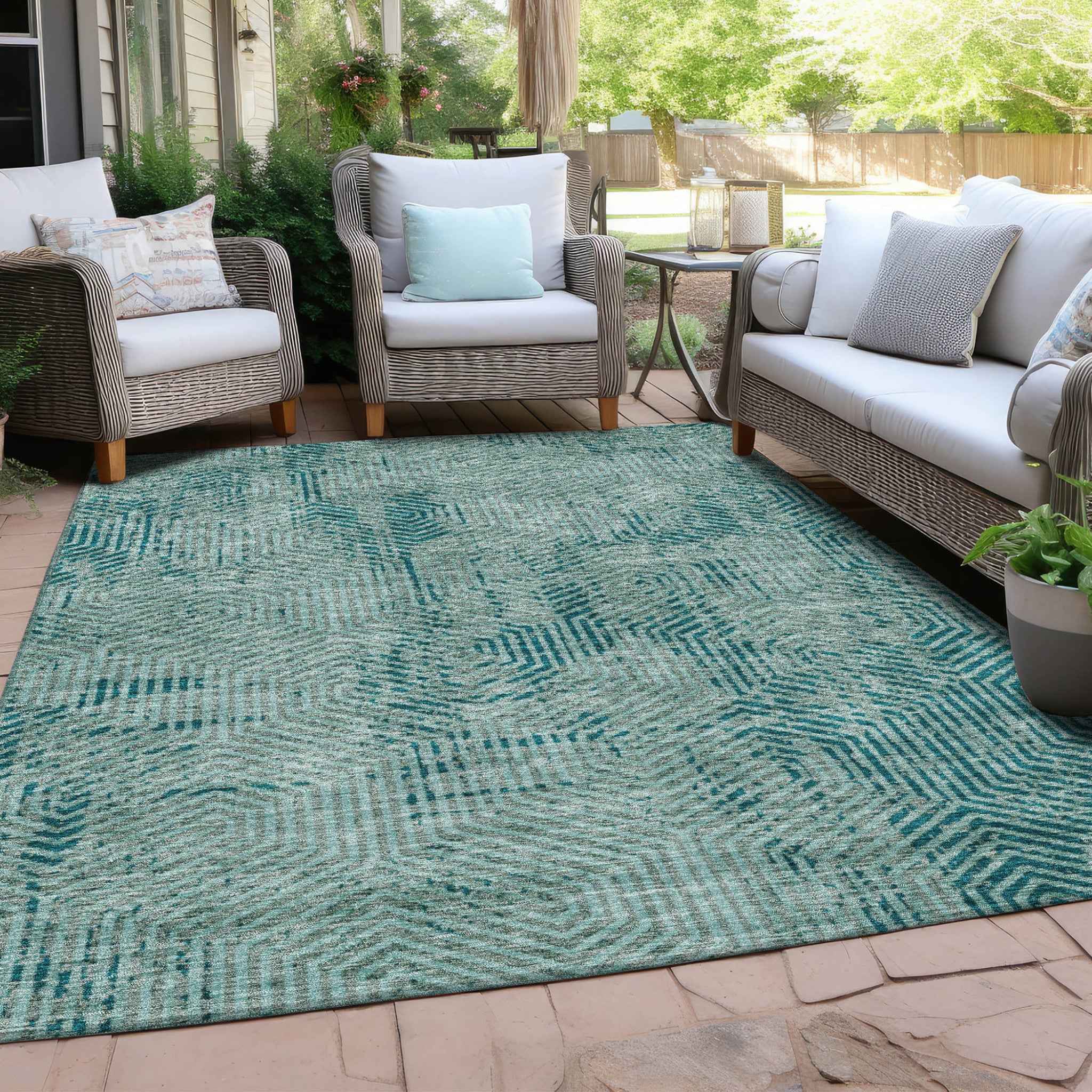 10' X 14' Teal Blue And Gray Geometric Washable Indoor Outdoor Area Rug