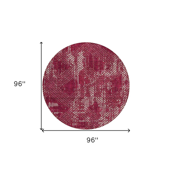 8' Burgundy And Ivory Round Geometric Washable Indoor Outdoor Area Rug