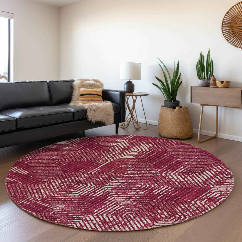 8' Burgundy And Ivory Round Geometric Washable Indoor Outdoor Area Rug