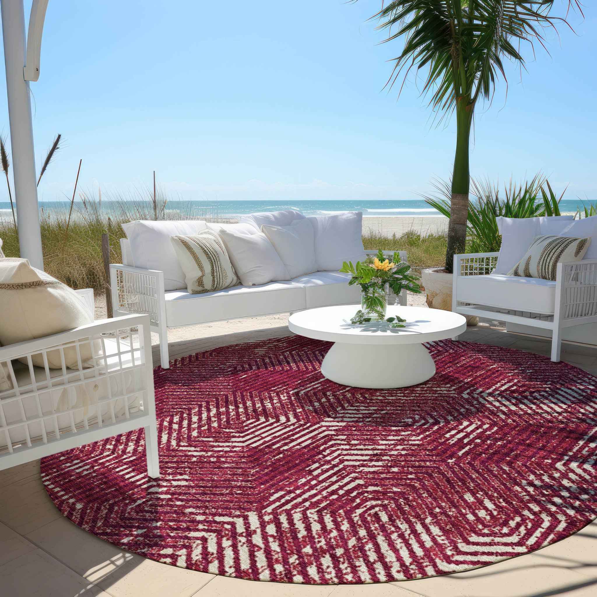 8' Burgundy And Ivory Round Geometric Washable Indoor Outdoor Area Rug