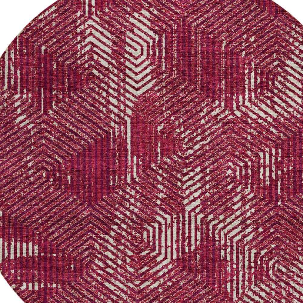 8' Burgundy And Ivory Round Geometric Washable Indoor Outdoor Area Rug