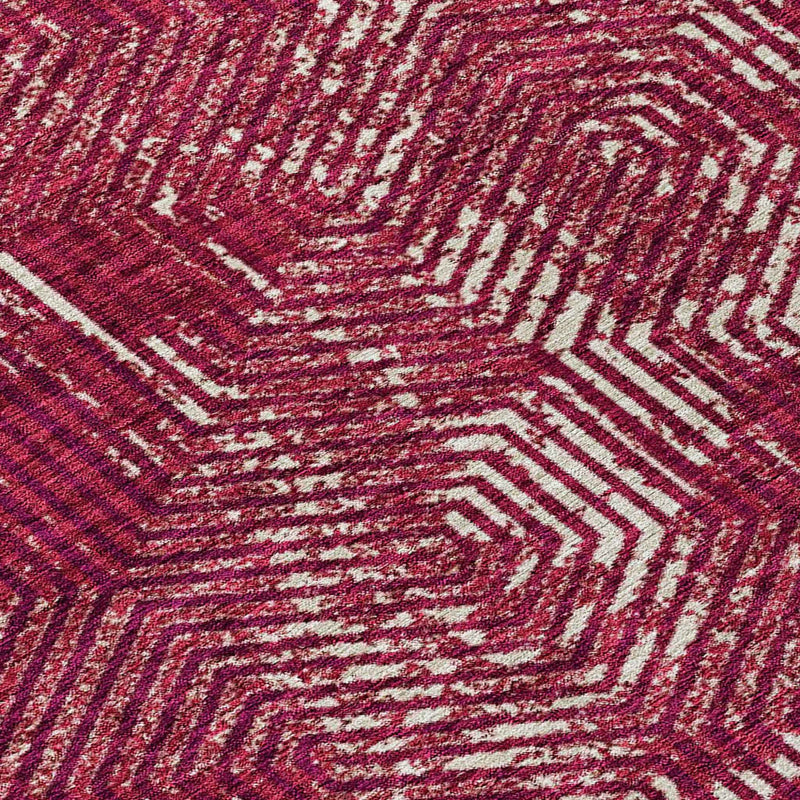 8' Burgundy And Ivory Round Geometric Washable Indoor Outdoor Area Rug