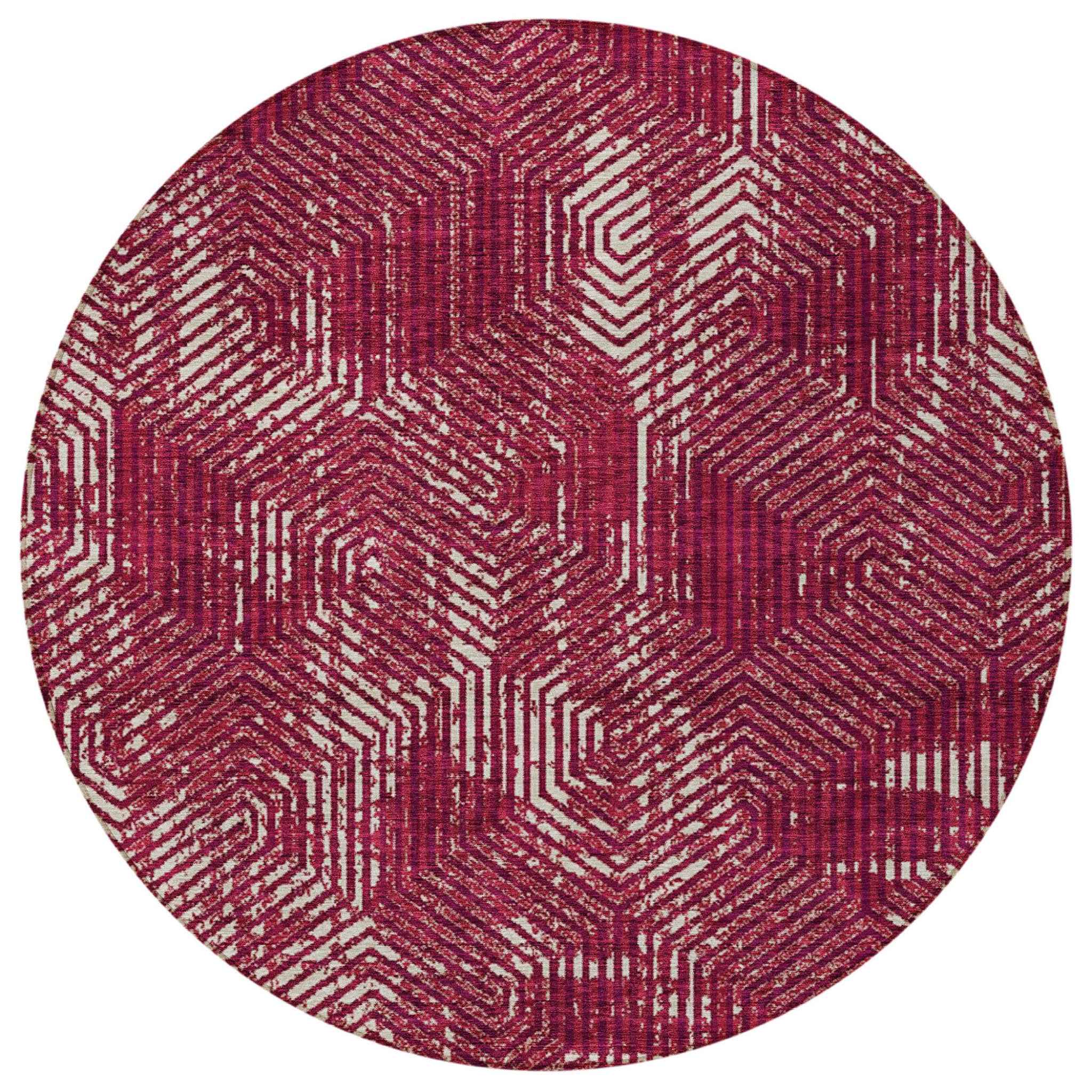 8' Burgundy And Ivory Round Geometric Washable Indoor Outdoor Area Rug