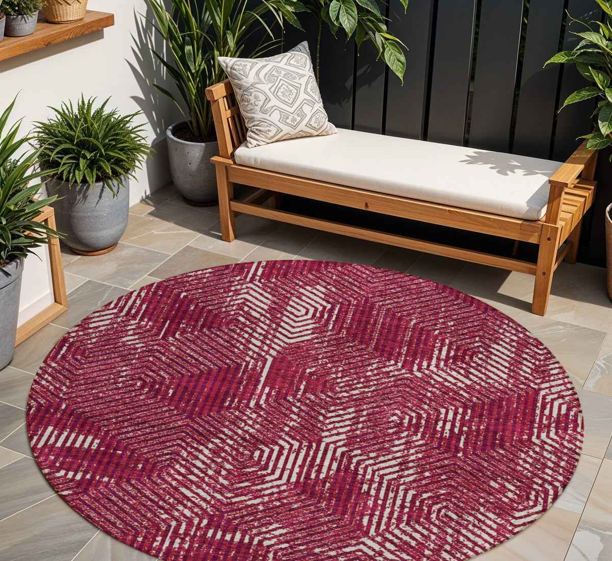 8' Burgundy And Ivory Round Geometric Washable Indoor Outdoor Area Rug