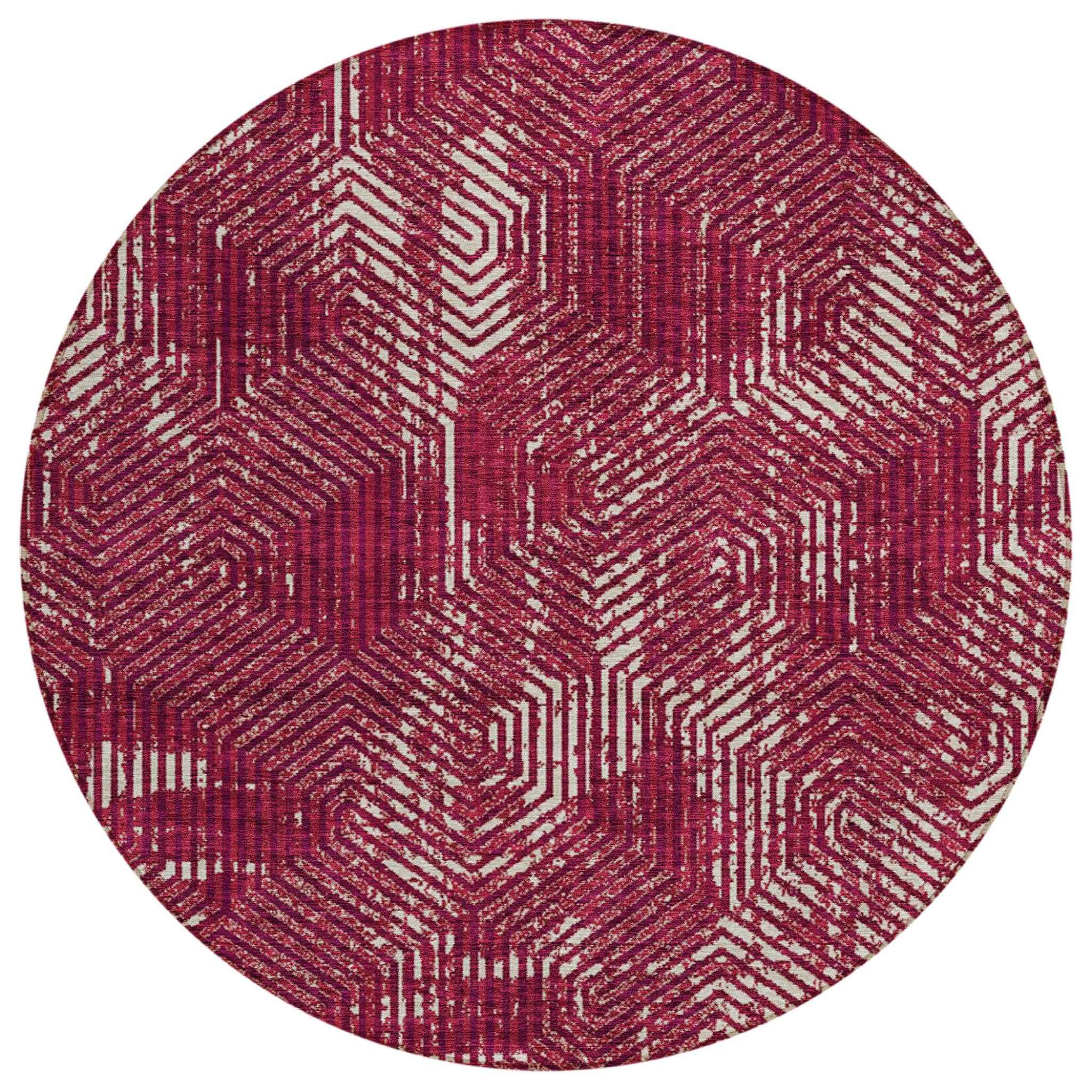 8' Burgundy And Ivory Round Geometric Washable Indoor Outdoor Area Rug