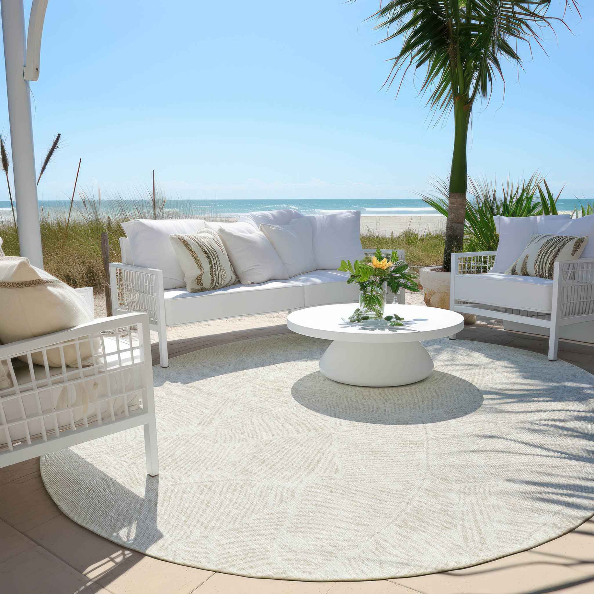 8' Ivory And Beige Round Floral Washable Indoor Outdoor Area Rug