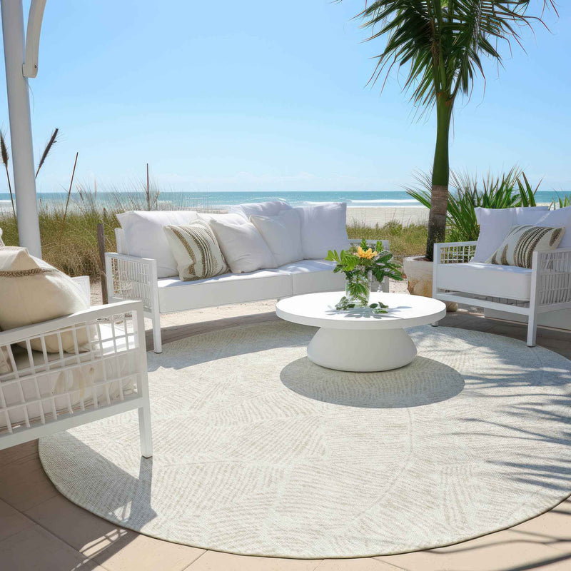 8' Ivory And Beige Round Floral Washable Indoor Outdoor Area Rug
