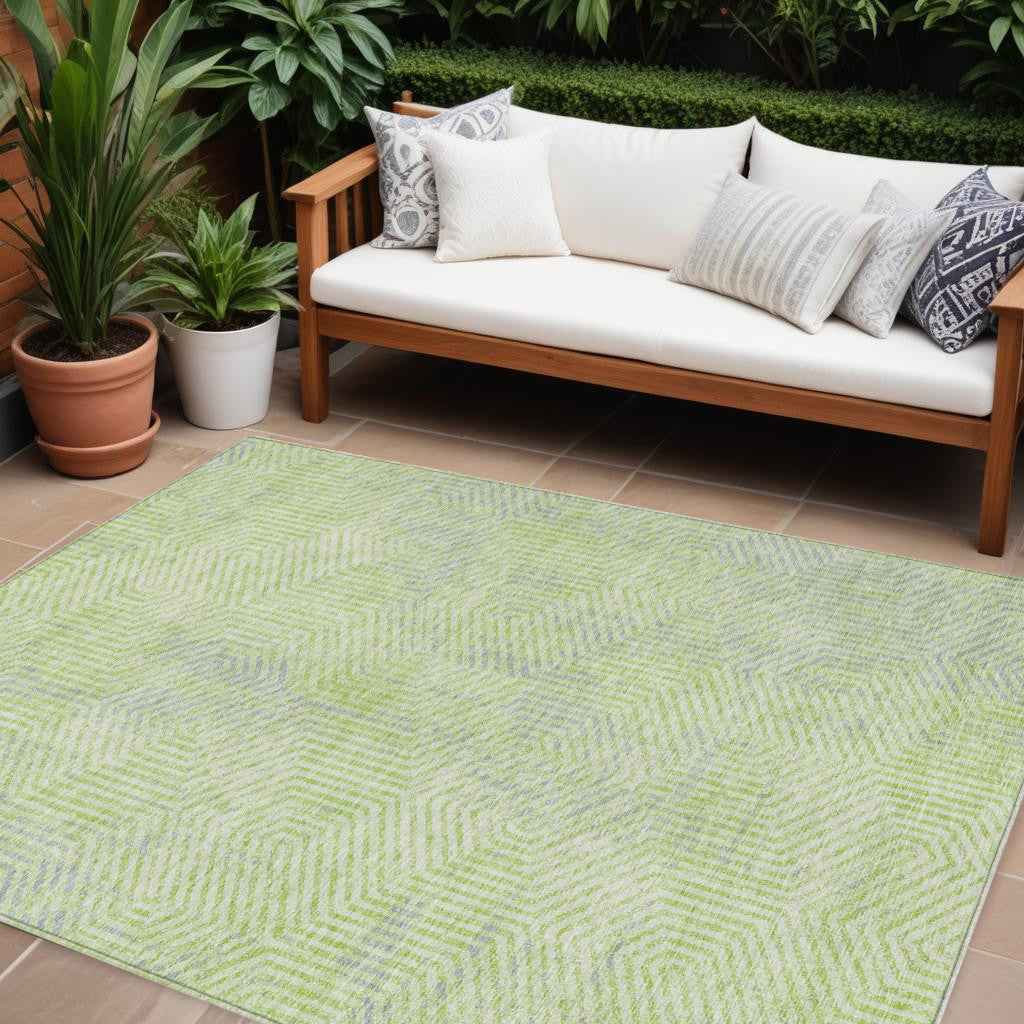 10' X 14' Lime Green Gray And Ivory Geometric Washable Indoor Outdoor Area Rug