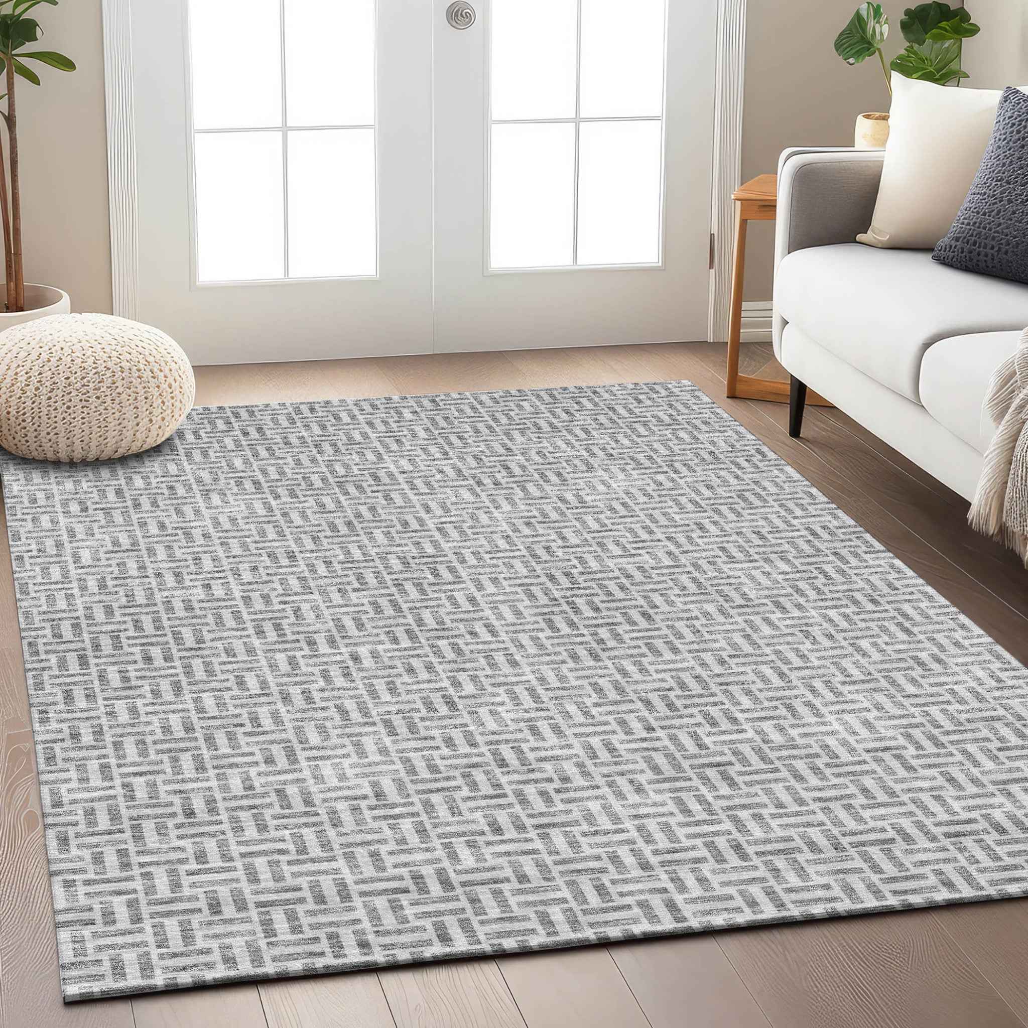 3' X 5' Gray And Silver Geometric Washable Indoor Outdoor Area Rug
