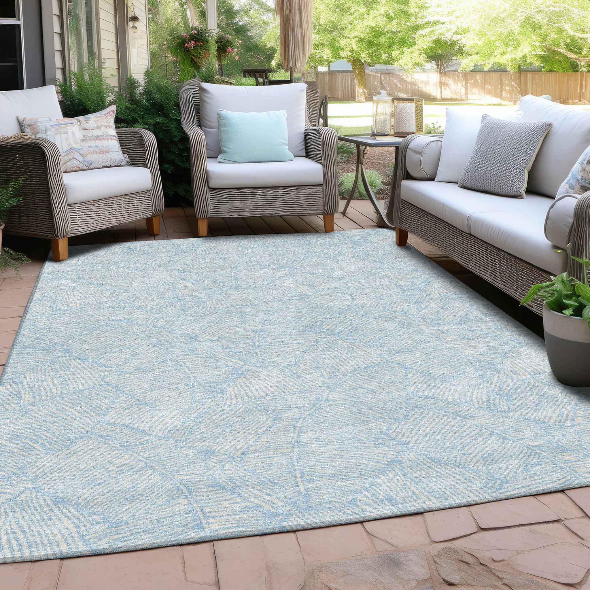 8' X 10' Sky Blue And Ivory Floral Washable Indoor Outdoor Area Rug