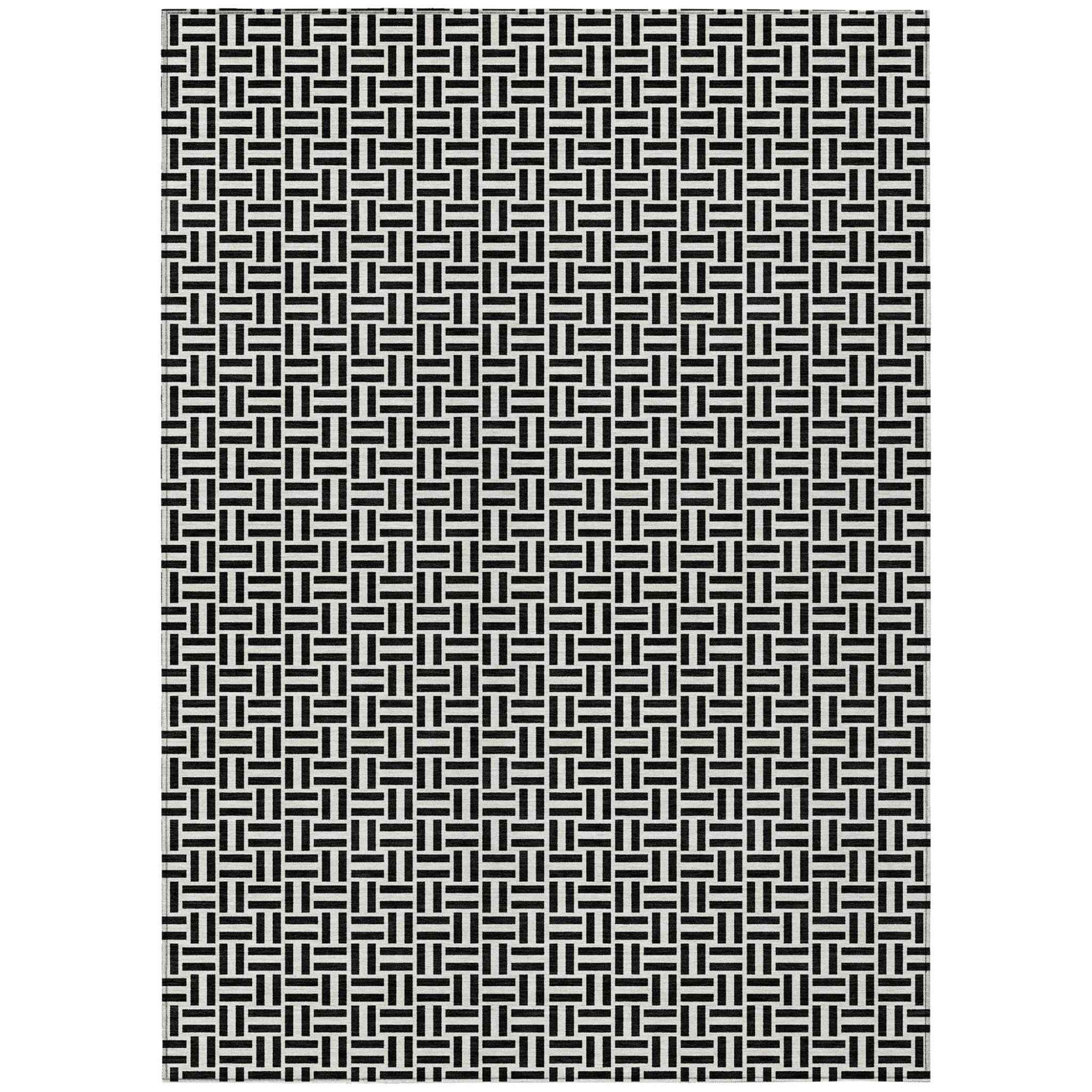8' X 10' Black And Ivory Geometric Washable Indoor Outdoor Area Rug