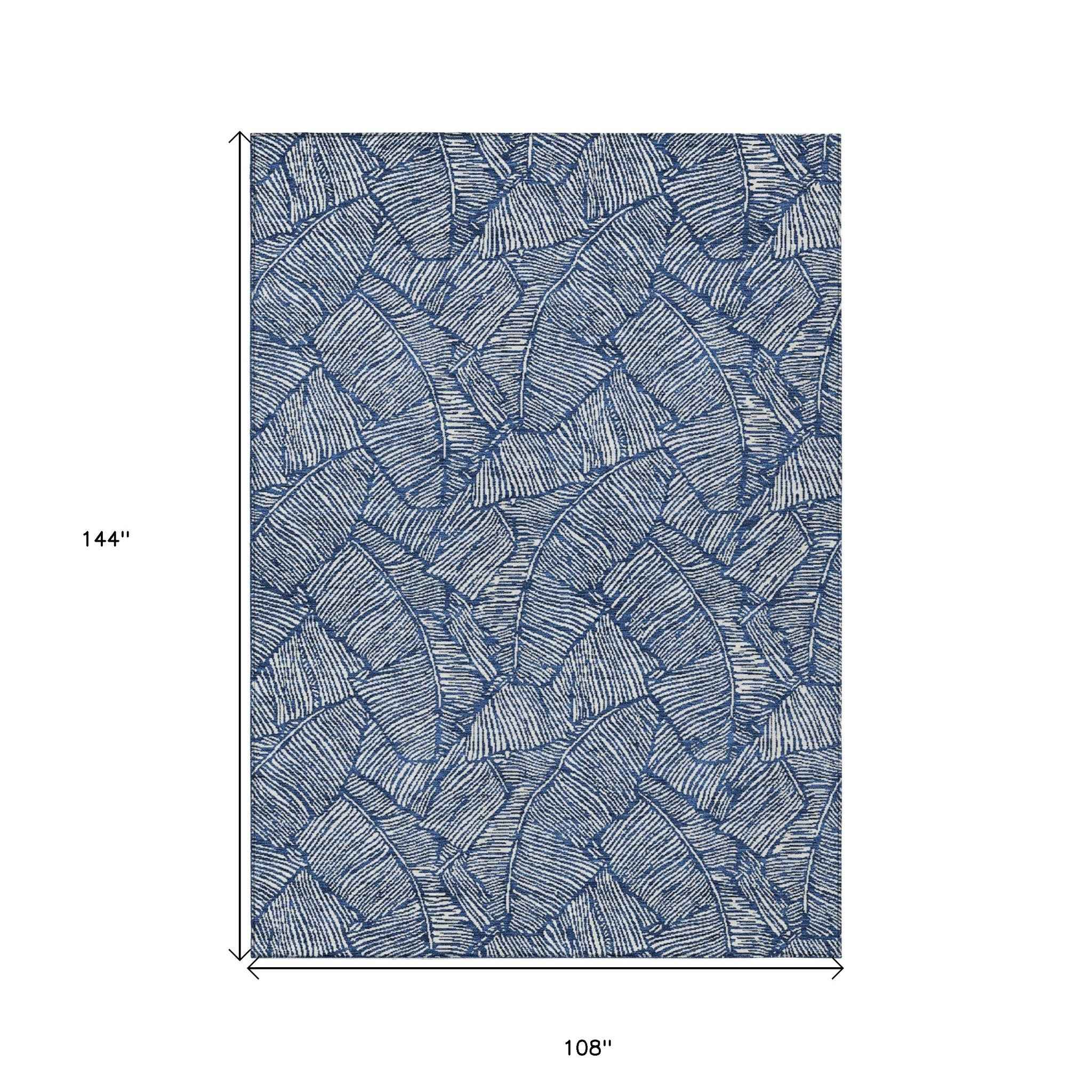 9' X 12' Navy Blue And Ivory Floral Washable Indoor Outdoor Area Rug
