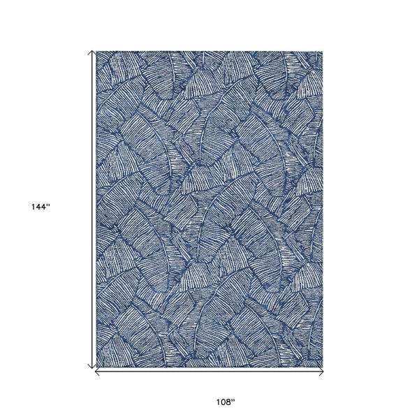 9' X 12' Navy Blue And Ivory Floral Washable Indoor Outdoor Area Rug