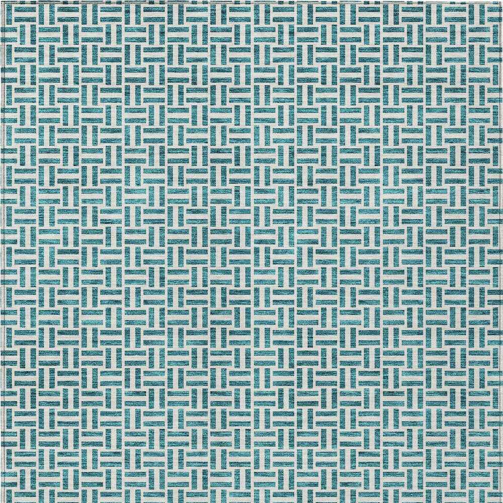9' X 12' Teal Blue And Silver Geometric Washable Indoor Outdoor Area Rug