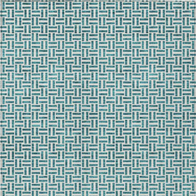 9' X 12' Teal Blue And Silver Geometric Washable Indoor Outdoor Area Rug