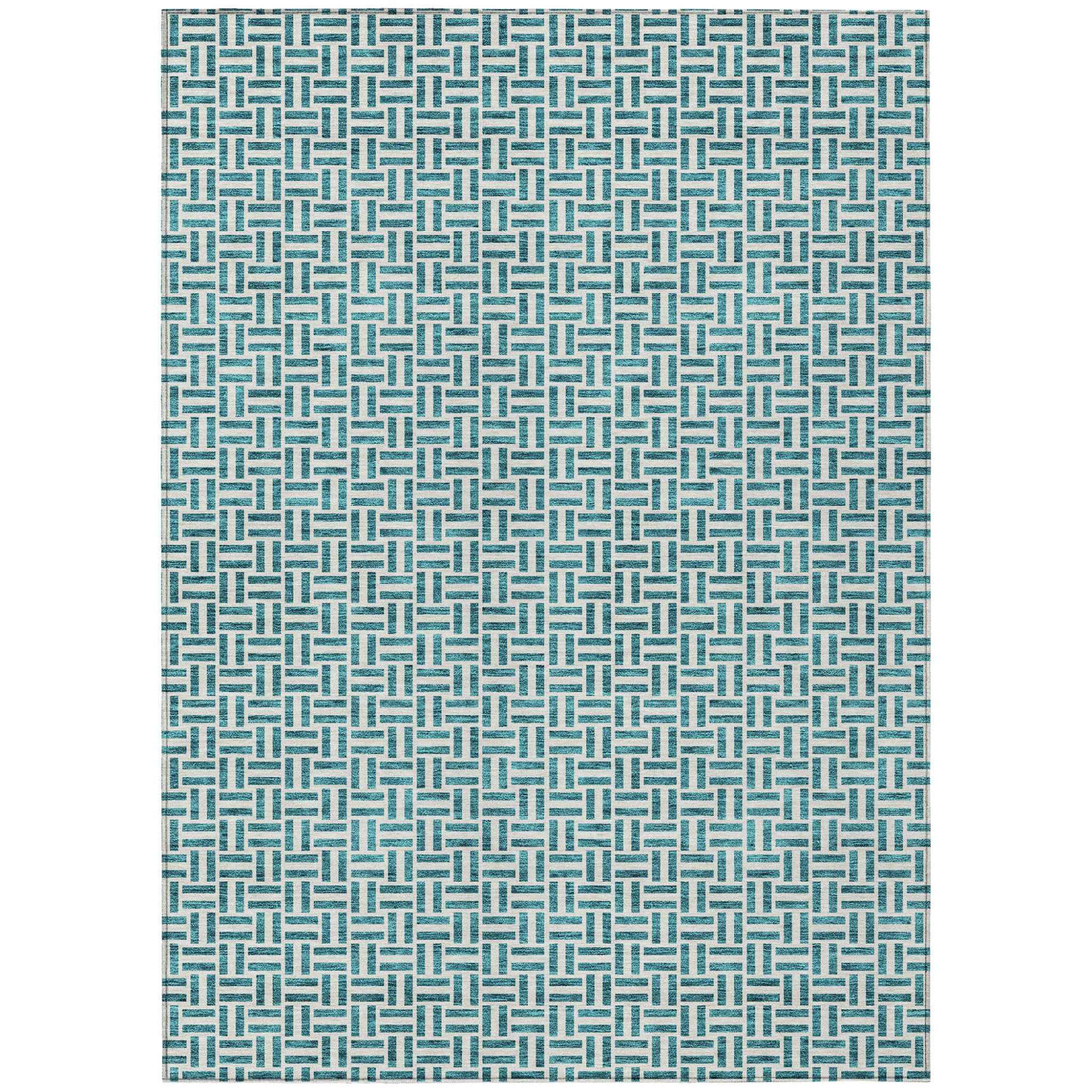 9' X 12' Teal Blue And Silver Geometric Washable Indoor Outdoor Area Rug