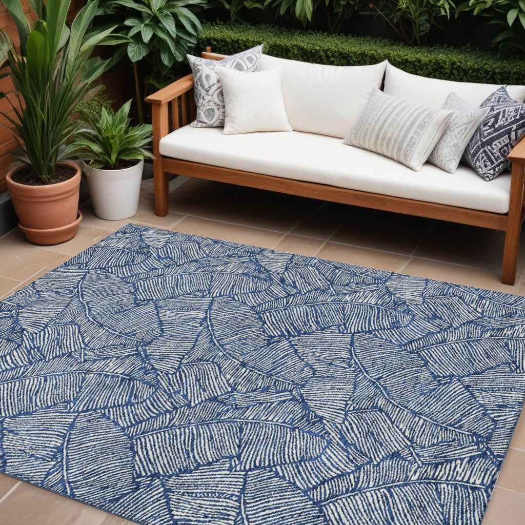 9' X 12' Navy Blue And Ivory Floral Washable Indoor Outdoor Area Rug