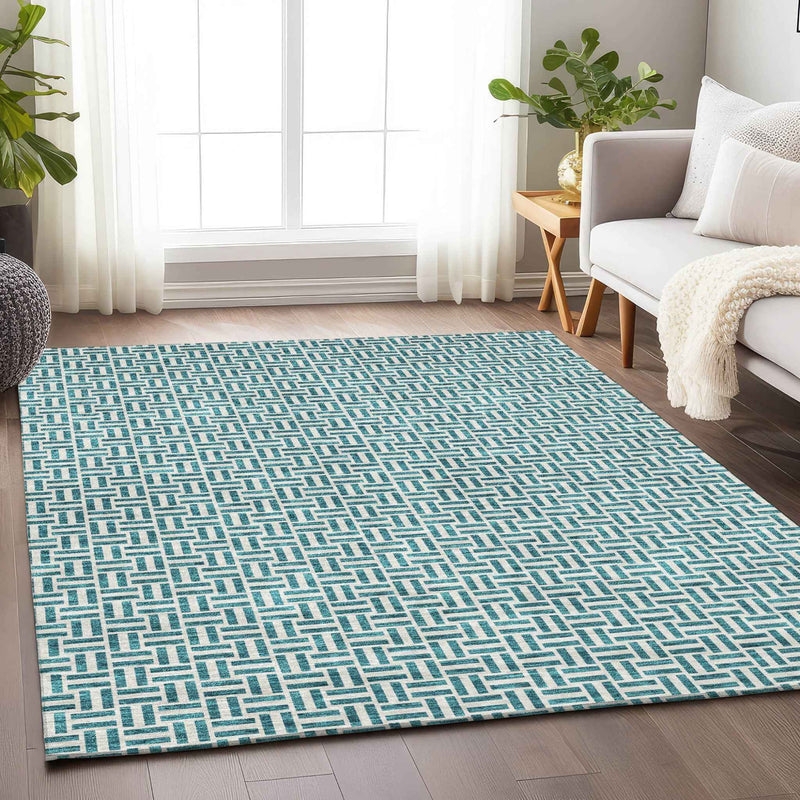 9' X 12' Teal Blue And Silver Geometric Washable Indoor Outdoor Area Rug