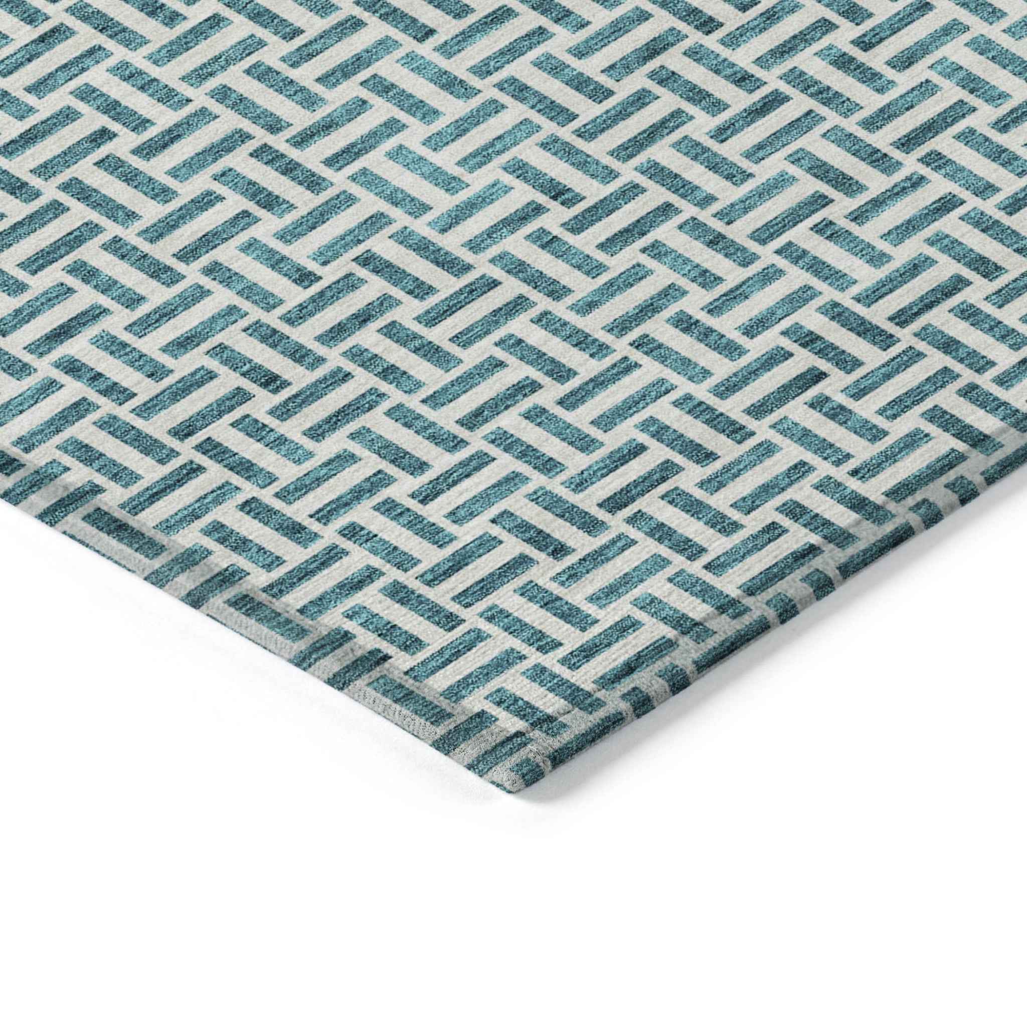 9' X 12' Teal Blue And Silver Geometric Washable Indoor Outdoor Area Rug