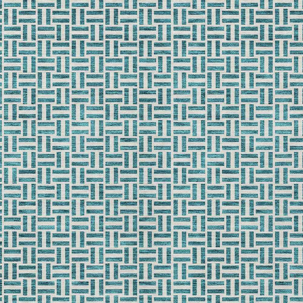 9' X 12' Teal Blue And Silver Geometric Washable Indoor Outdoor Area Rug