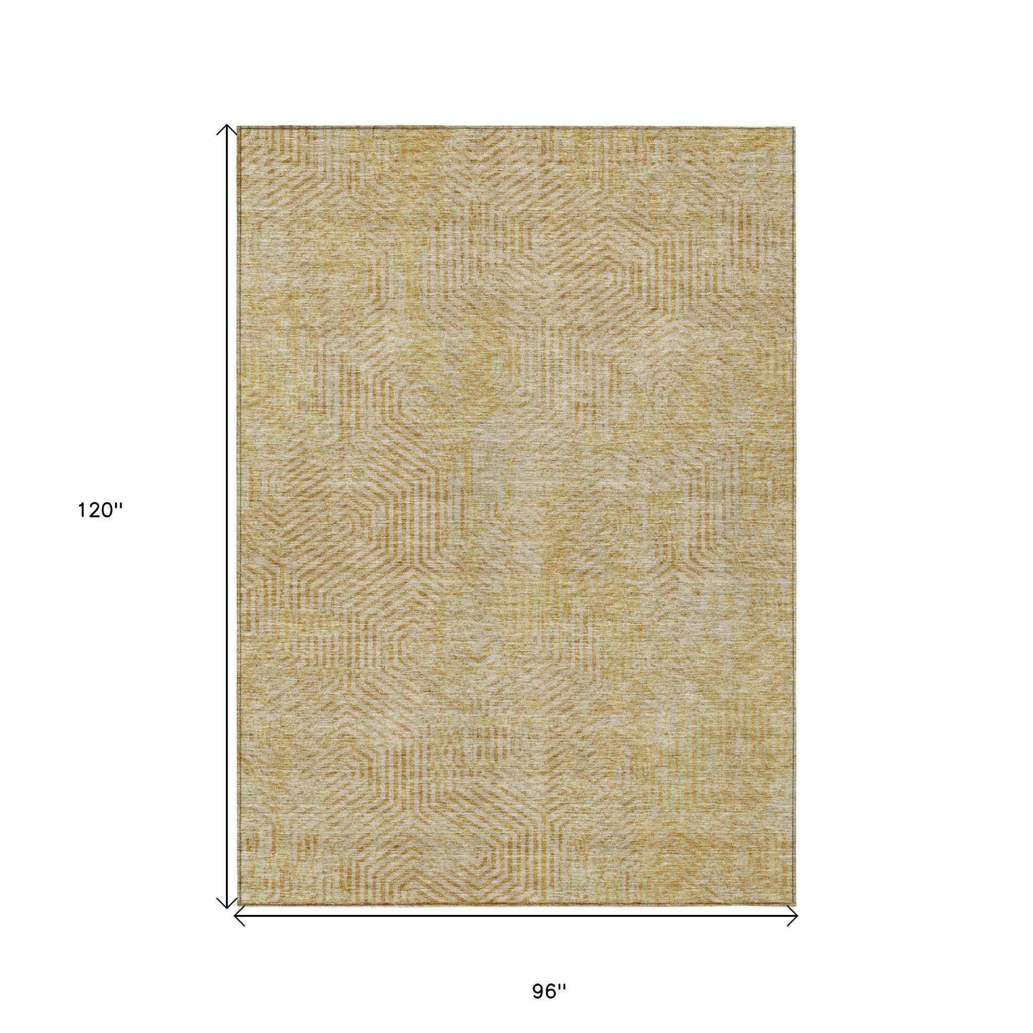 8' X 10' Gold And Beige Geometric Washable Indoor Outdoor Area Rug