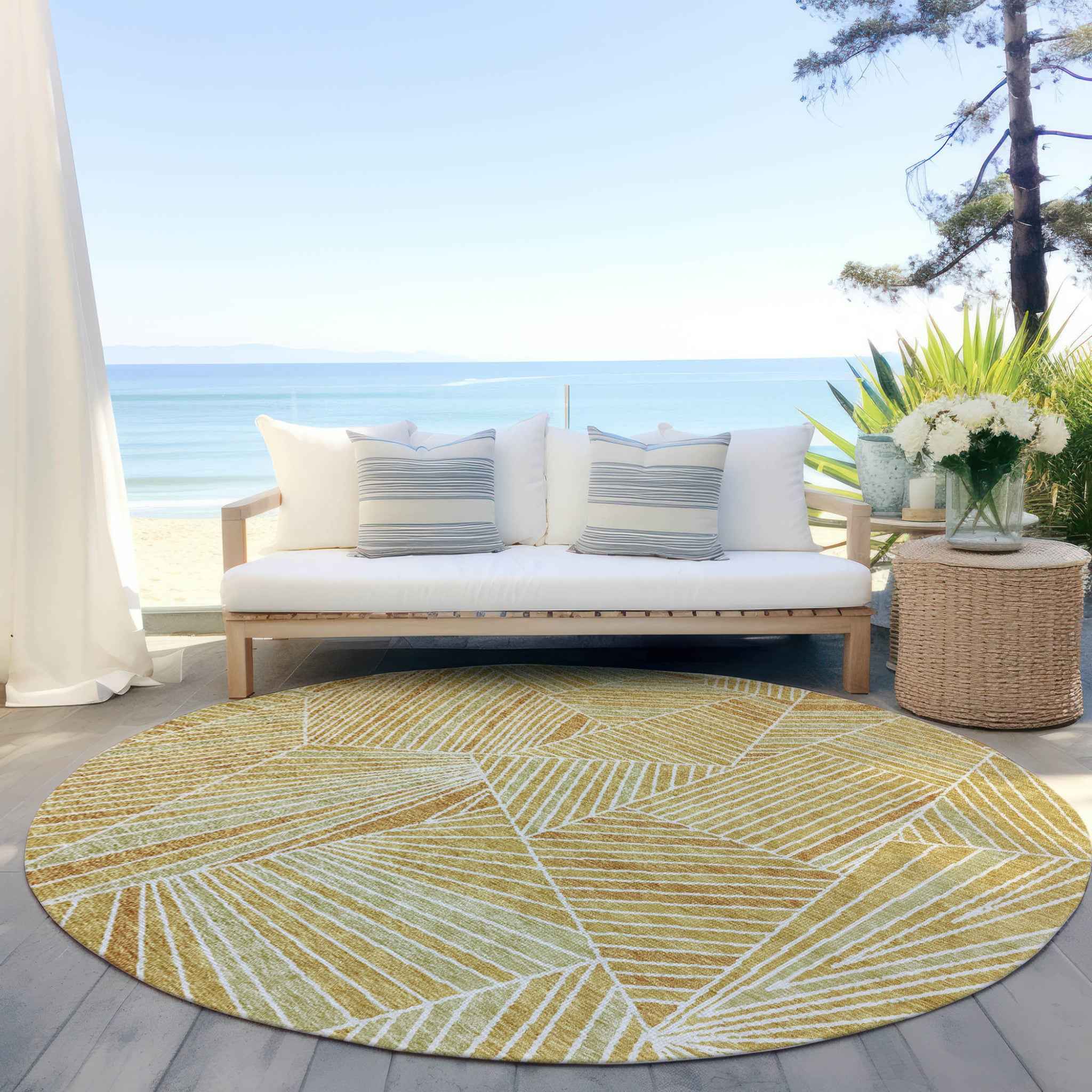 8' Gold Copper And Brown Round Geometric Washable Indoor Outdoor Area Rug
