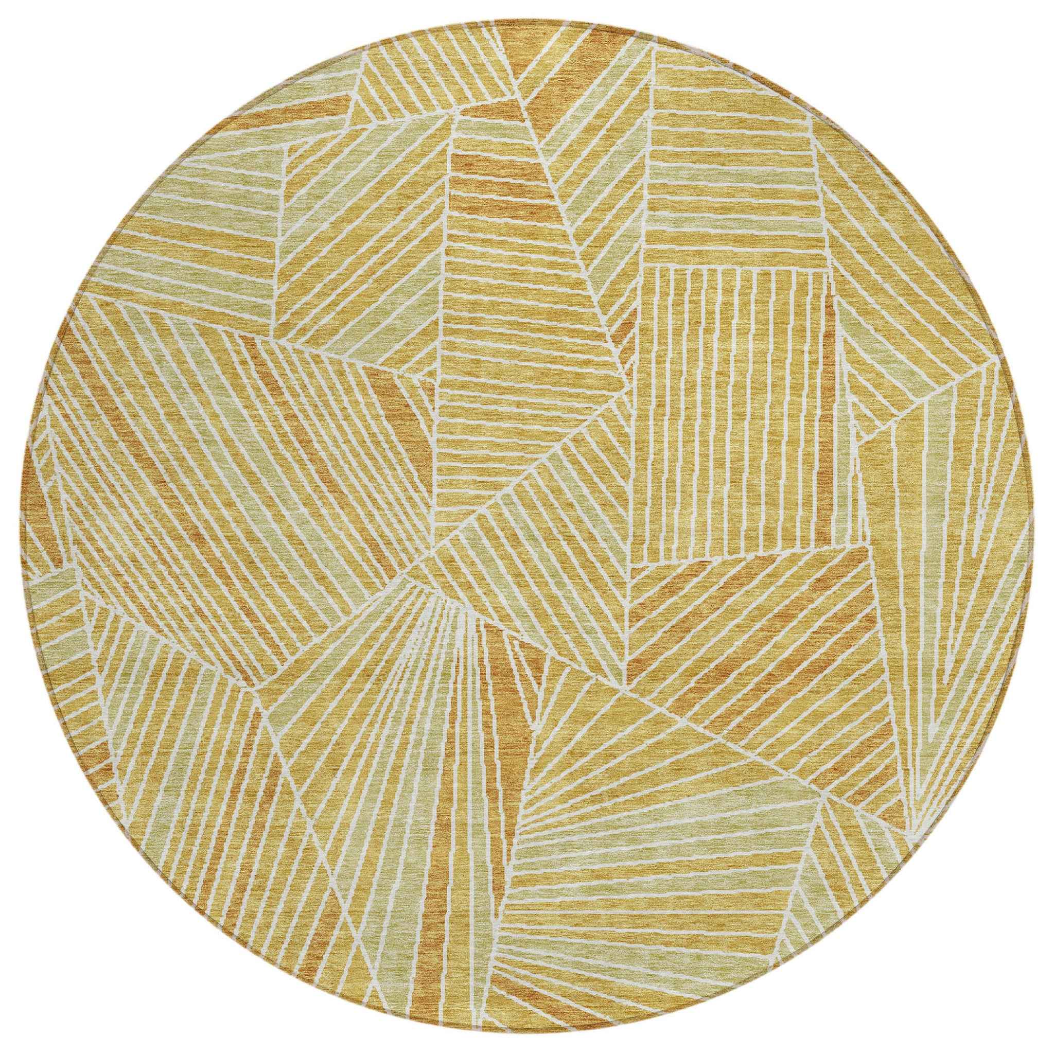 8' Gold Copper And Brown Round Geometric Washable Indoor Outdoor Area Rug