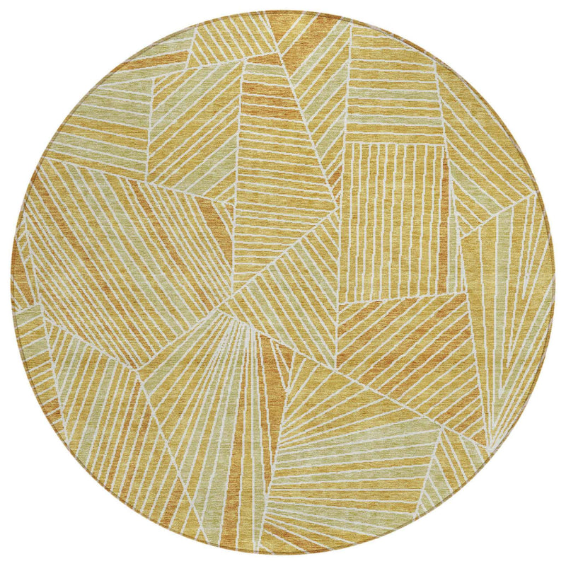 8' Gold Copper And Brown Round Geometric Washable Indoor Outdoor Area Rug