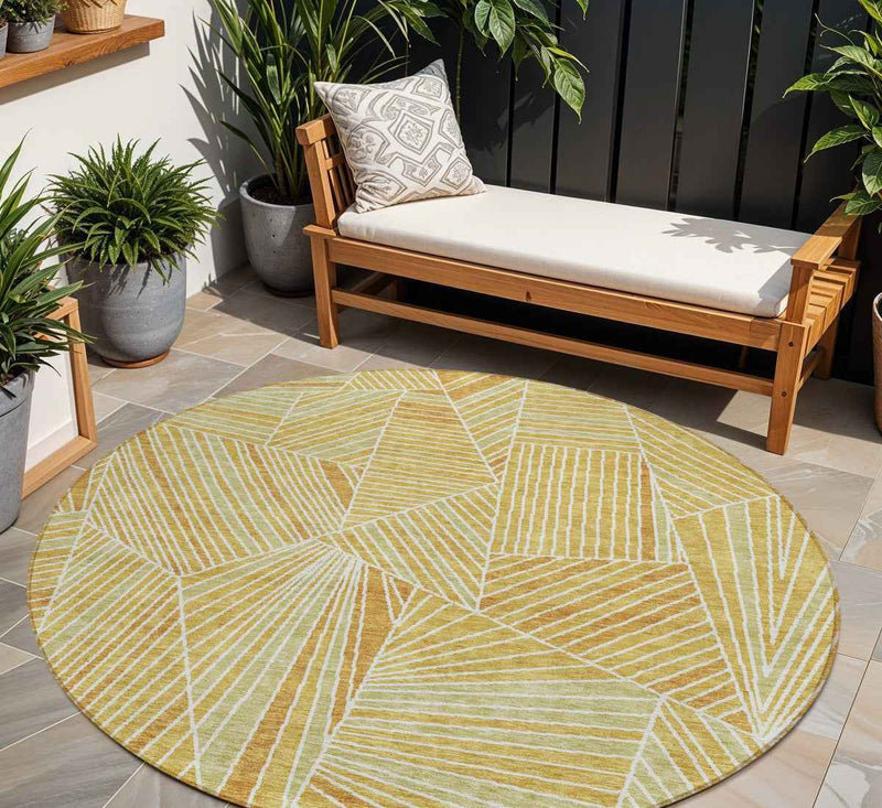 8' Gold Copper And Brown Round Geometric Washable Indoor Outdoor Area Rug