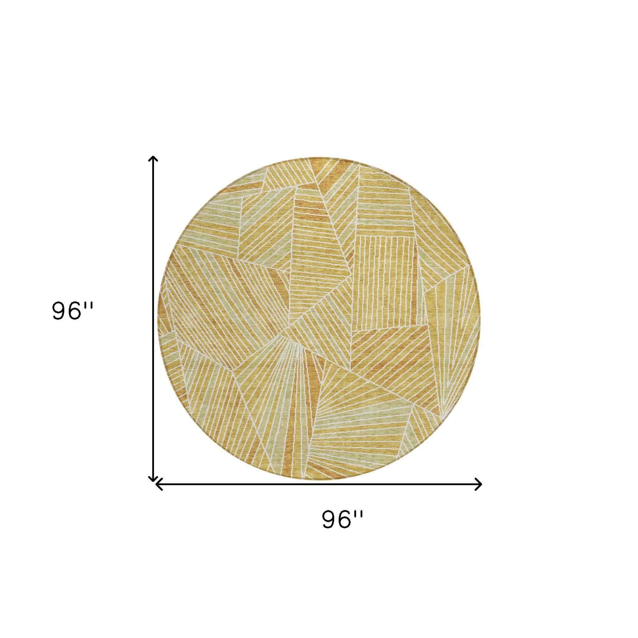 8' Gold Copper And Brown Round Geometric Washable Indoor Outdoor Area Rug