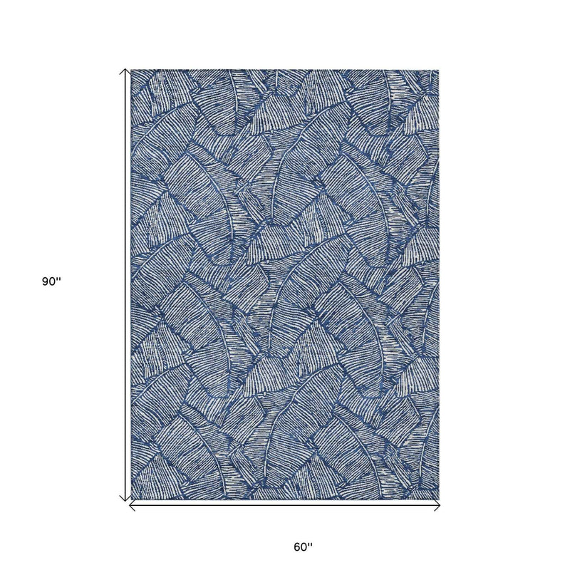 5' X 8' Navy Blue And Ivory Floral Washable Indoor Outdoor Area Rug