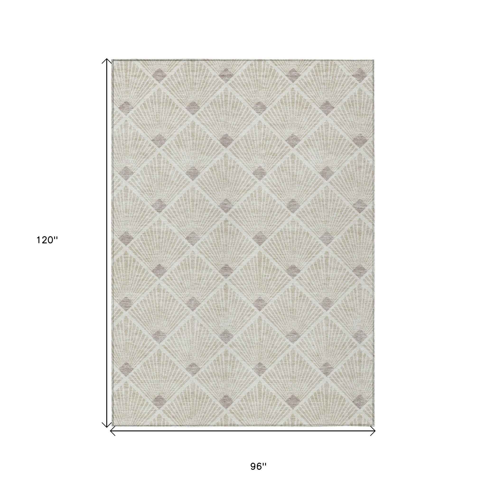 8' X 10' Beige And Ivory Geometric Washable Indoor Outdoor Area Rug