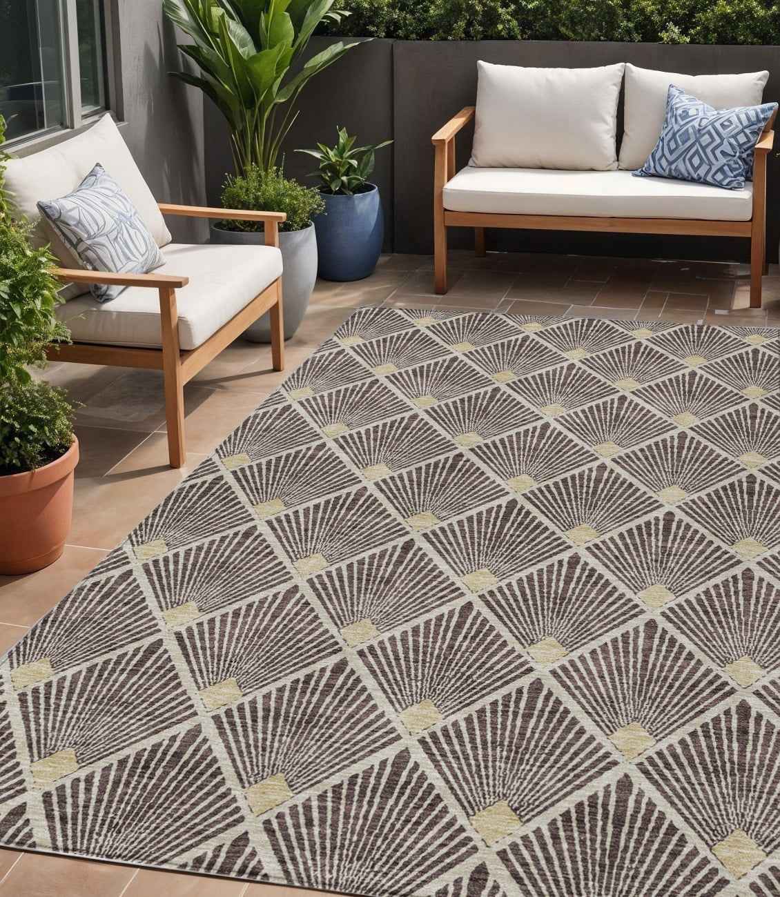 5' X 8' Brown And Beige Geometric Washable Indoor Outdoor Area Rug