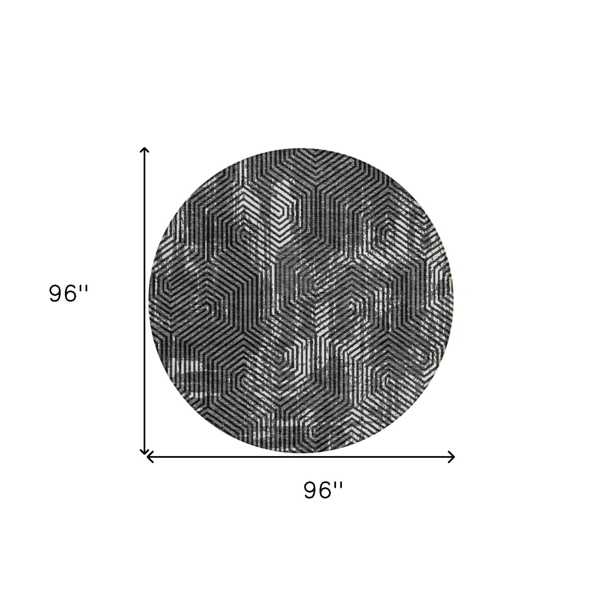 8' Black And Ivory Round Geometric Washable Indoor Outdoor Area Rug